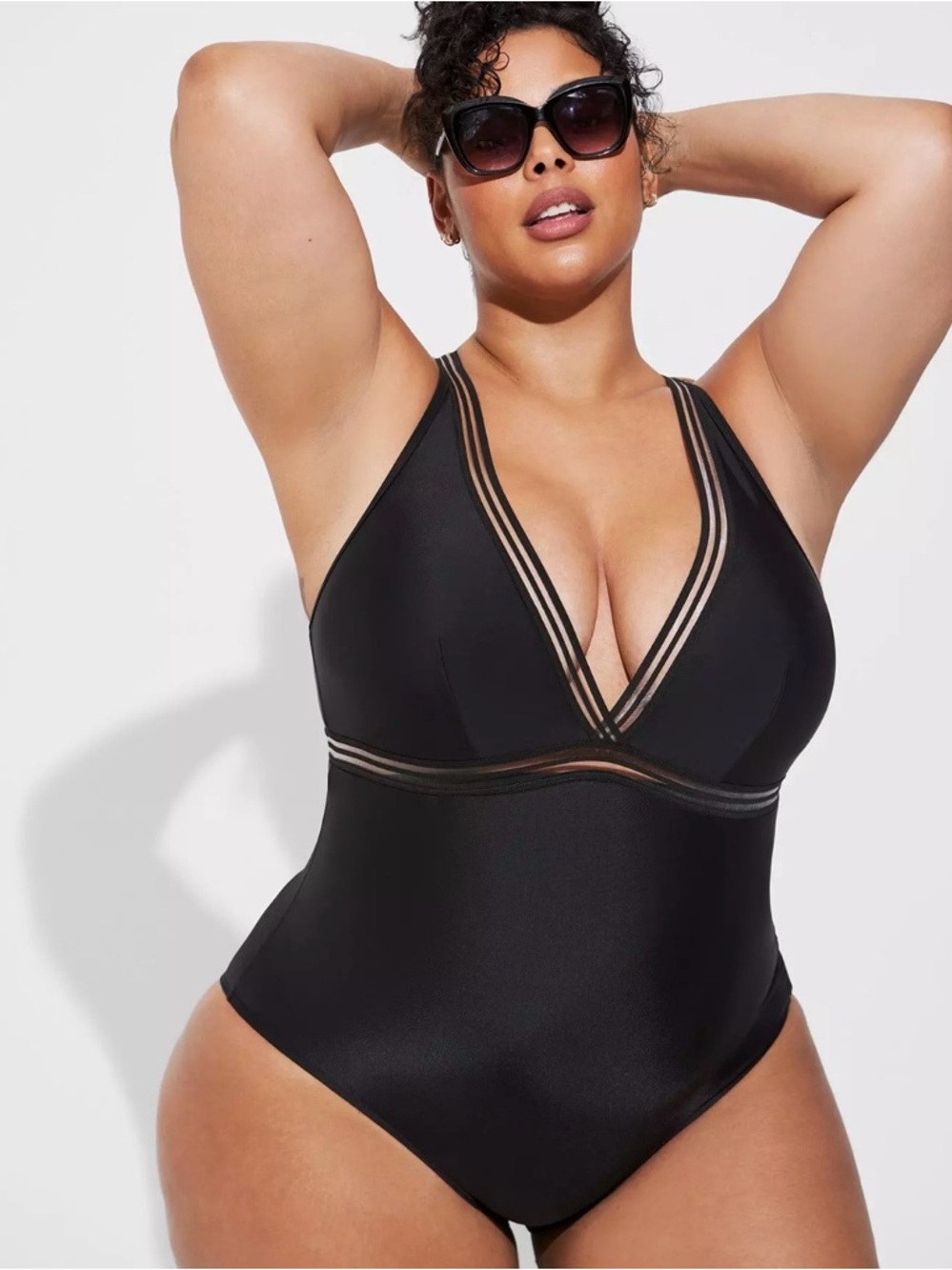 torrid Black Plunge One-Piece Swimsuit with Sheer Trim